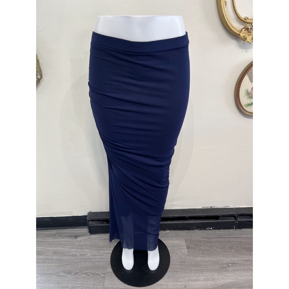 Fuzzi Navy Ruched Nylon Mesh Long Skirt Size S
